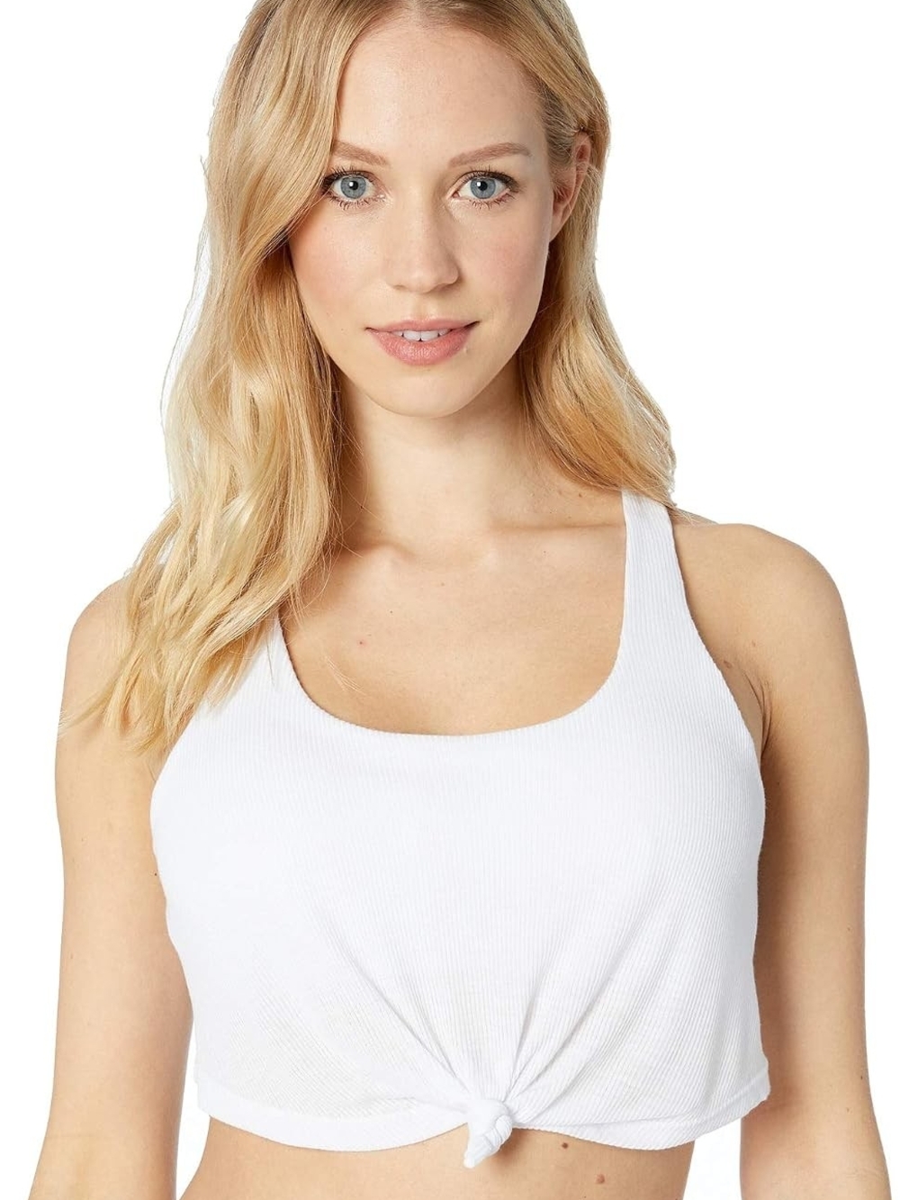 ALO Yoga White Ribbed Knot Front Sports Bra